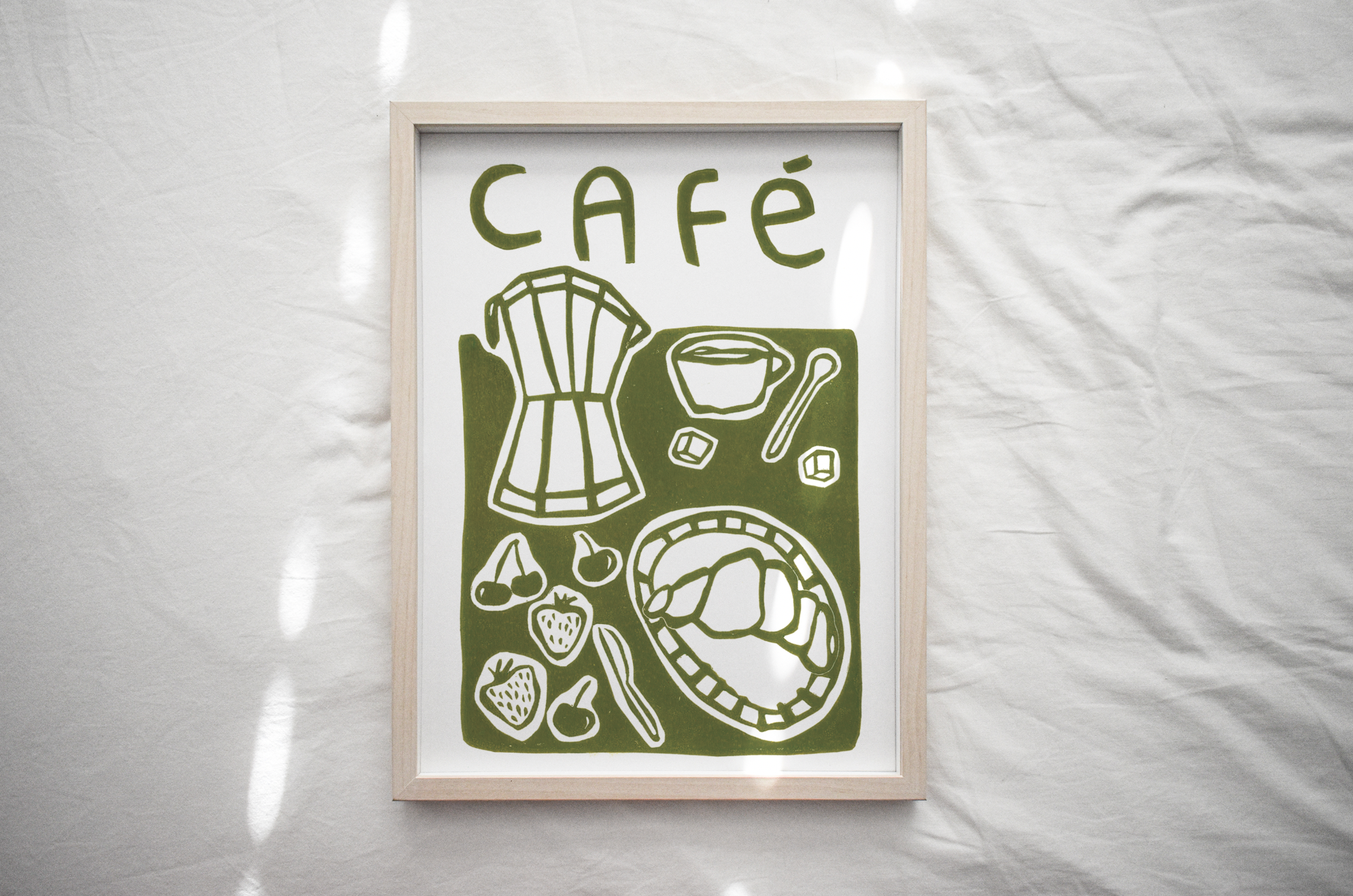 Café Breakfast - Olive Green Linocut - Art Print — Jazmine Joye